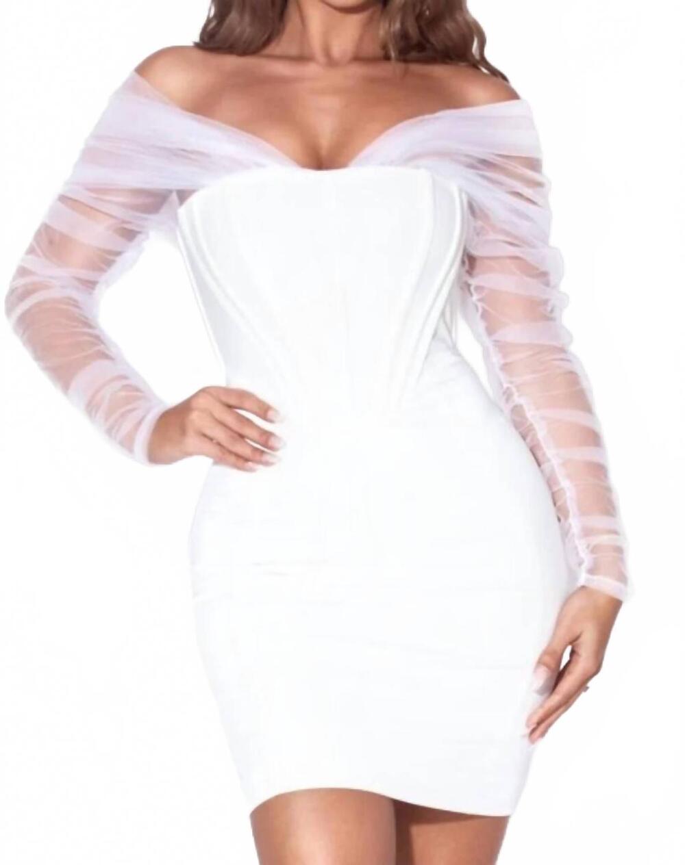 NEW MISS CIRCLE off shoulder mesh sleeve corset dress in zade white